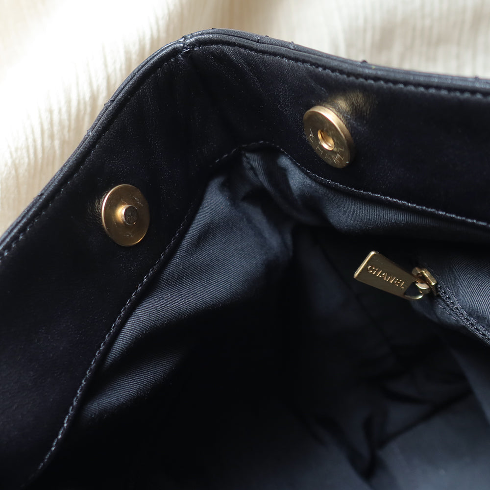 Chanel Vintage Black Lambskin Stitched Wood Resin Top Handle Weekend Bag