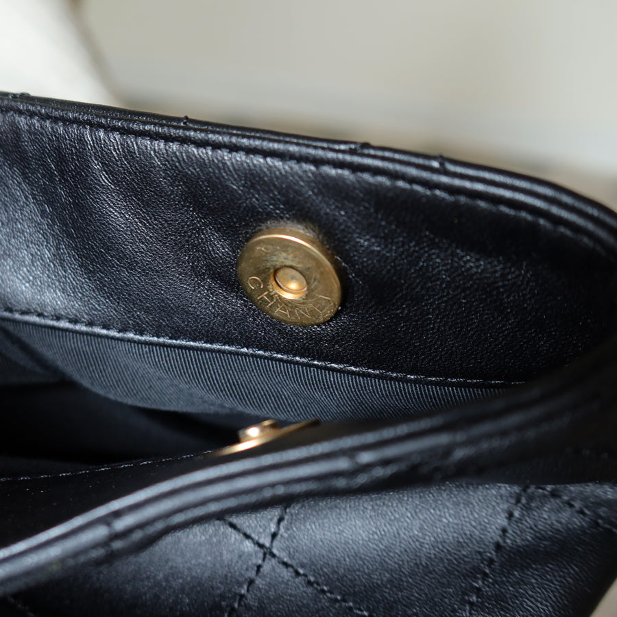 Chanel Vintage Black Lambskin Stitched Wood Resin Top Handle Weekend Bag