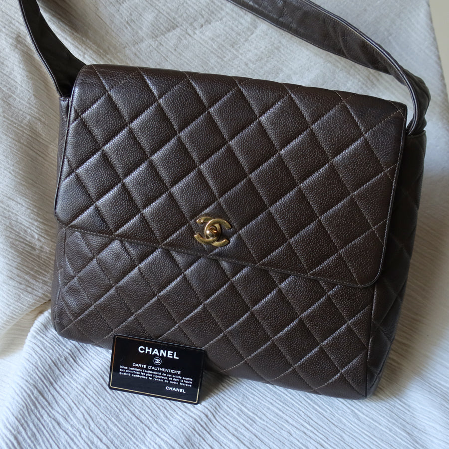 Vintage Chanel Dark Brown Caviar Leather Quilted CC turn lock Shoulder Flap Bag