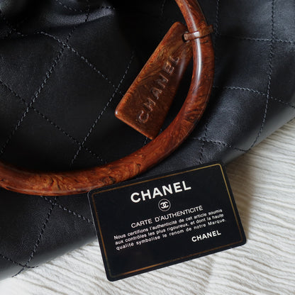 Chanel Vintage Black Lambskin Stitched Wood Resin Top Handle Weekend Bag