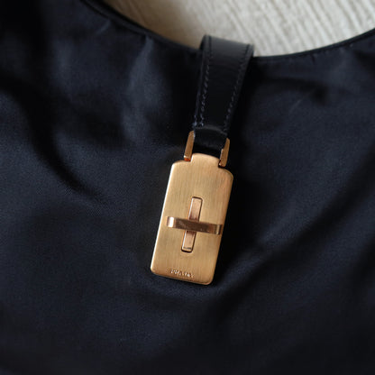 Rare Prada Vintage Black Nylon Tessuto Reversible Rose Gold Turn lock Hobo Bag