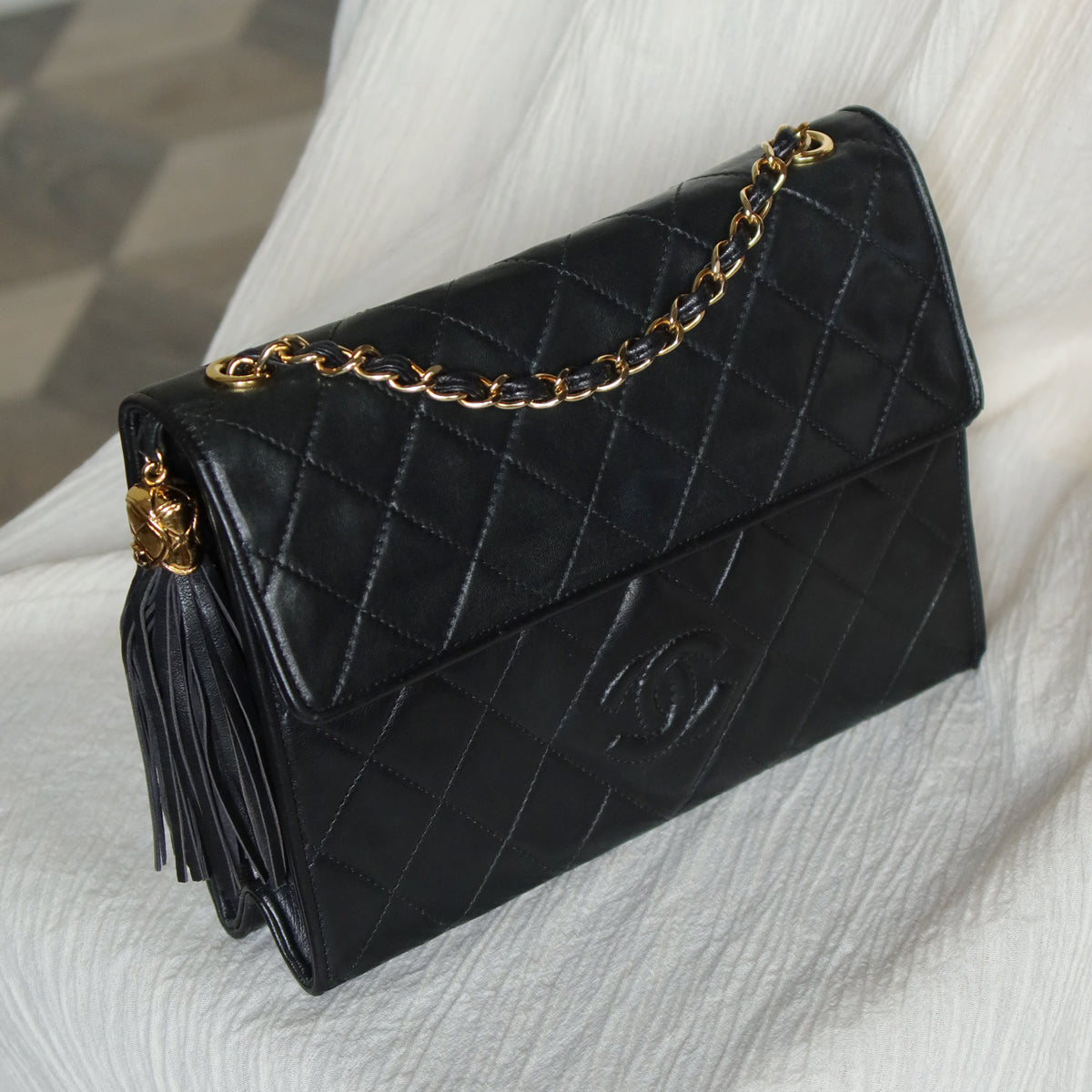 Chanel Vintage Black Lambskin Tassel Quilted CC mark Flap Bag