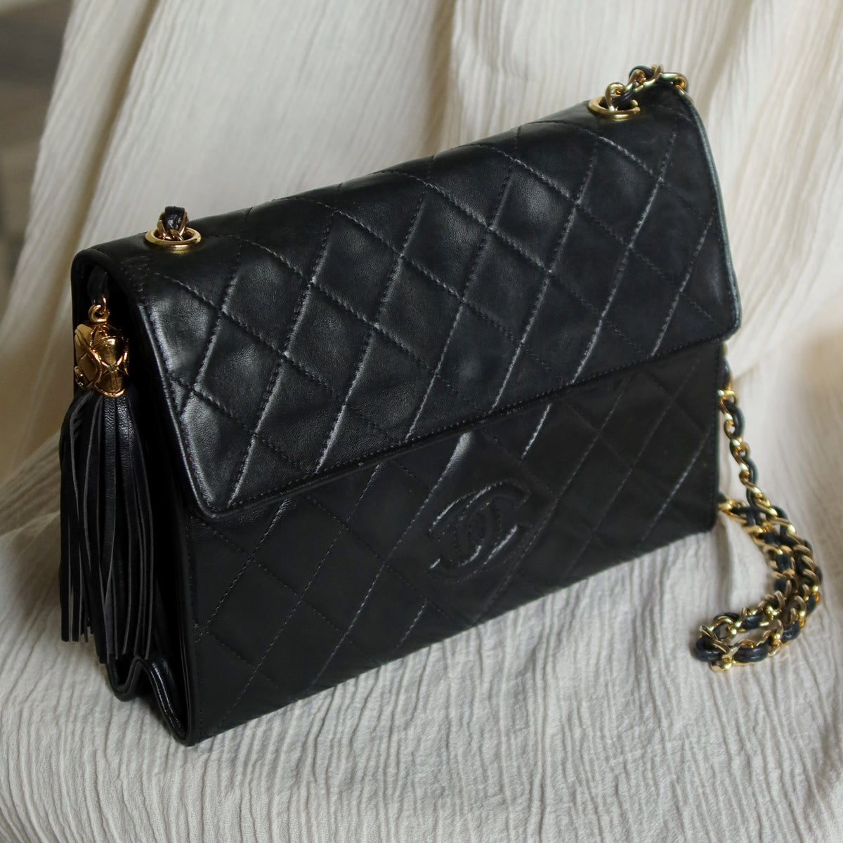 Chanel Vintage Black Lambskin Tassel Quilted CC mark Flap Bag