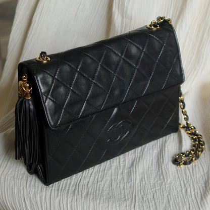 Chanel Vintage Black Lambskin Tassel Quilted CC mark Flap Bag