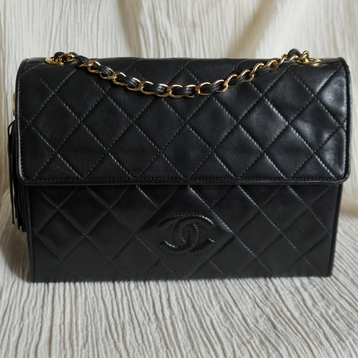 Chanel Vintage Black Lambskin Tassel Quilted CC mark Flap Bag