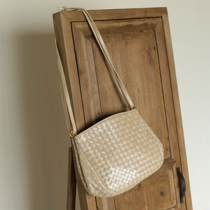 Vintage Bottega Veneta Shimmery Ivory Tri-color Intrecciato 2way Shoulder Bag