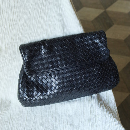 Rare Bottega Veneta Vintage Black Intrecciato Leather Hourglass Party Clutch Bag