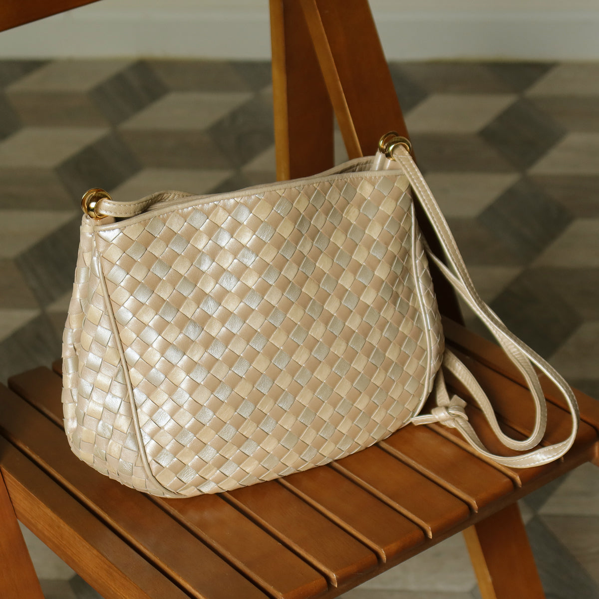 Vintage Bottega Veneta Shimmery Ivory Tri-color Intrecciato 2way Shoulder Bag