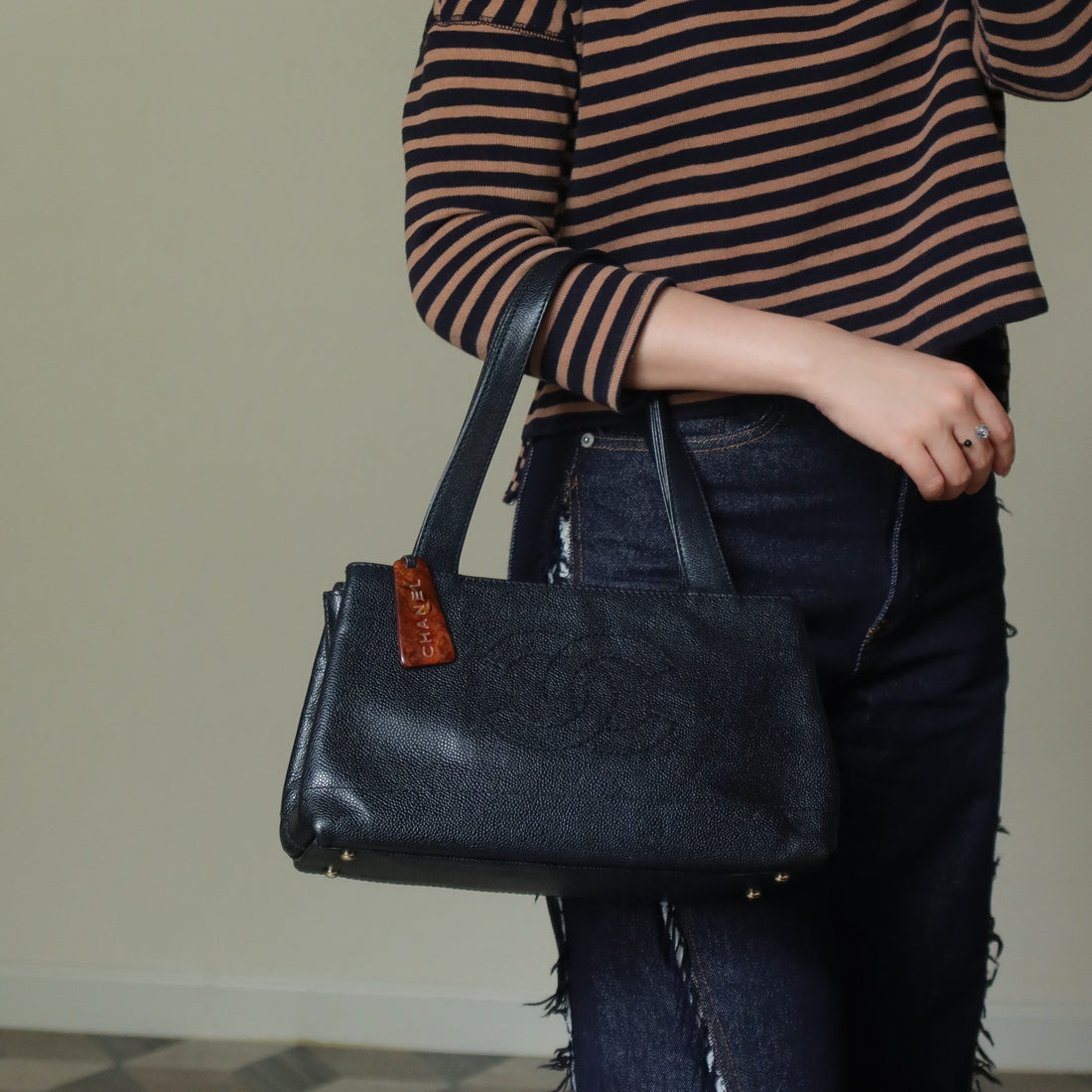 Chanel Vintage Black Caviar Leather CC Mark Charm East west Shoulder Bag