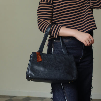 Chanel Vintage Black Caviar Leather CC Mark Charm East west Shoulder Bag