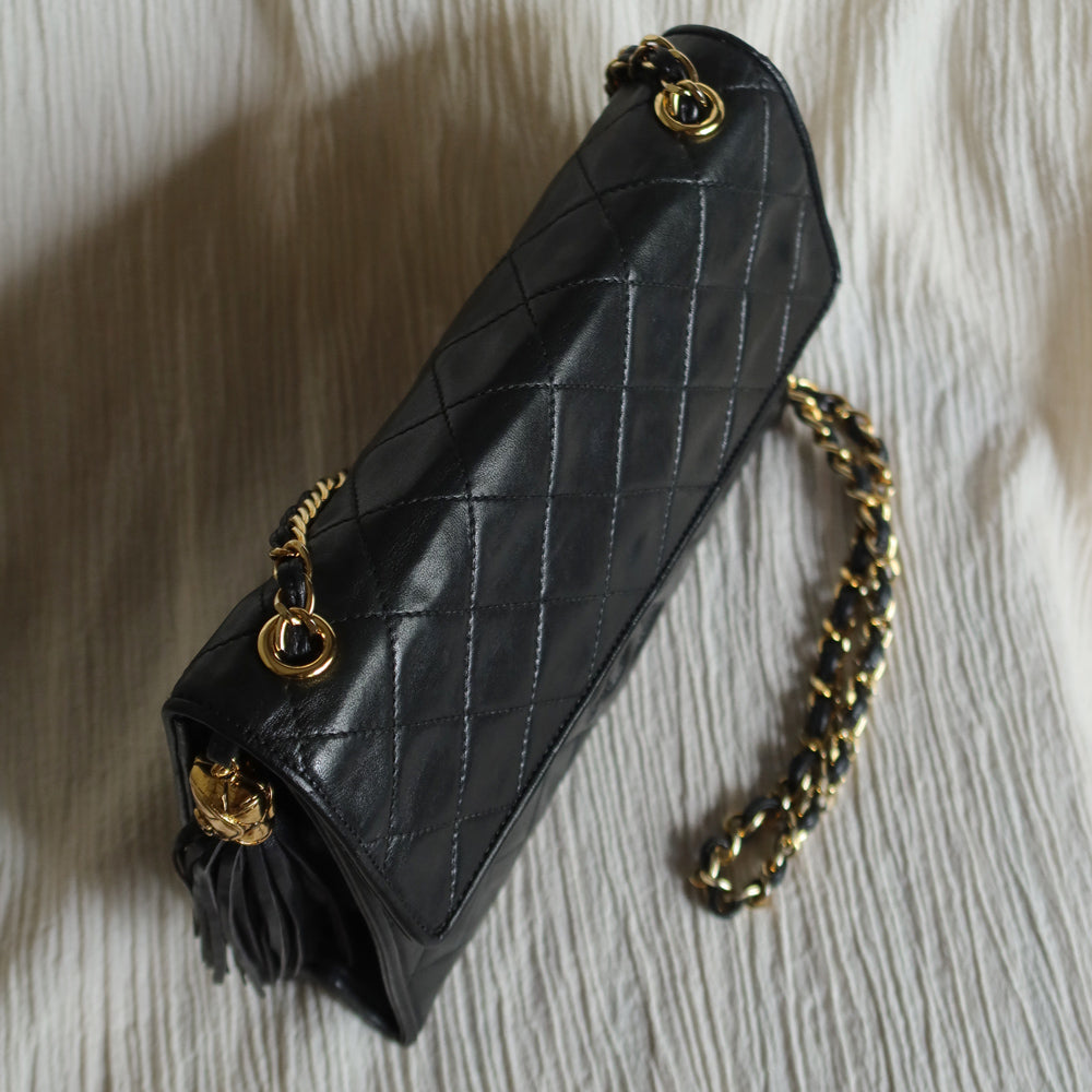 Chanel Vintage Black Lambskin Tassel Quilted CC mark Flap Bag