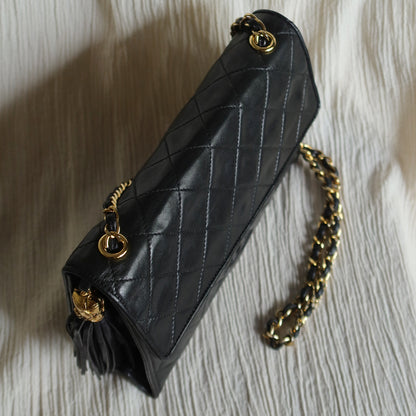 Chanel Vintage Black Lambskin Tassel Quilted CC mark Flap Bag