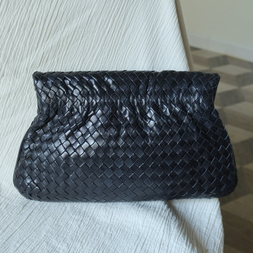 Rare Bottega Veneta Vintage Black Intrecciato Leather Hourglass Party Clutch Bag