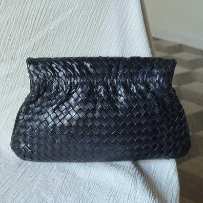 Rare Bottega Veneta Vintage Black Intrecciato Leather Hourglass Party Clutch Bag