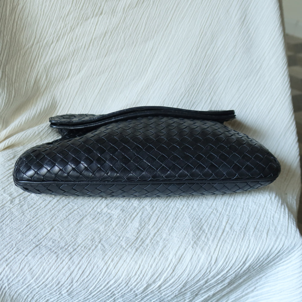 Rare Bottega Veneta Vintage Black Intrecciato Leather Hourglass Party Clutch Bag