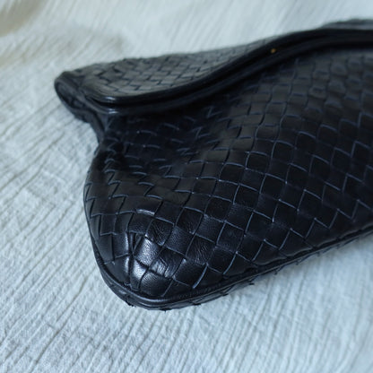 Rare Bottega Veneta Vintage Black Intrecciato Leather Hourglass Party Clutch Bag
