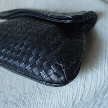 Rare Bottega Veneta Vintage Black Intrecciato Leather Hourglass Party Clutch Bag