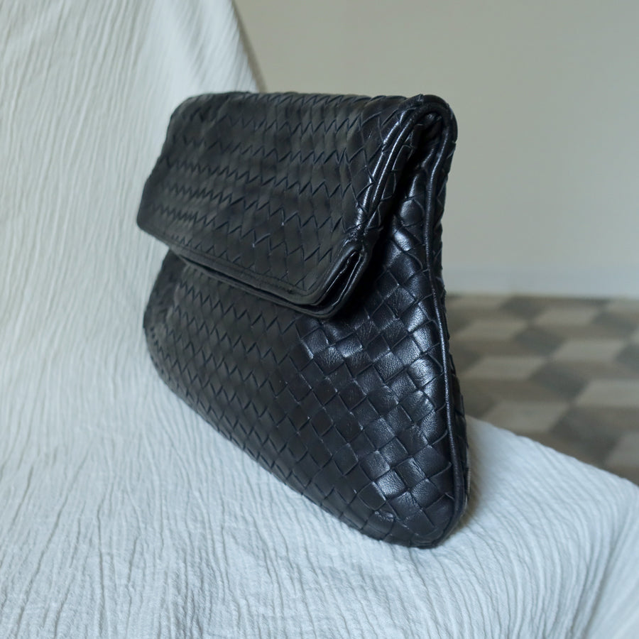 Rare Bottega Veneta Vintage Black Intrecciato Leather Hourglass Party Clutch Bag