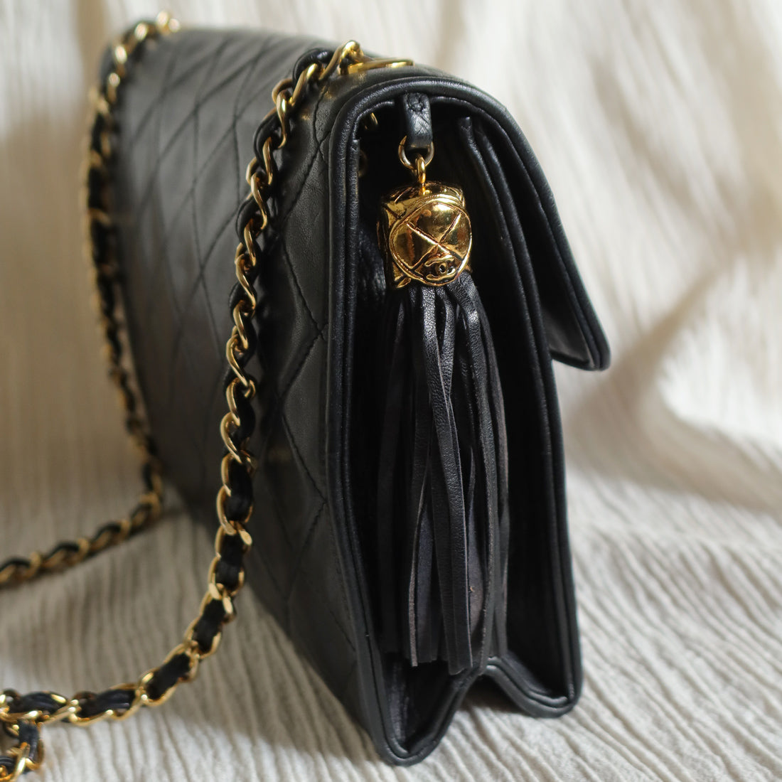 Chanel Vintage Black Lambskin Tassel Quilted CC mark Flap Bag
