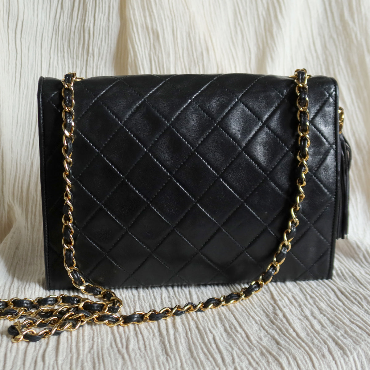 Chanel Vintage Black Lambskin Tassel Quilted CC mark Flap Bag