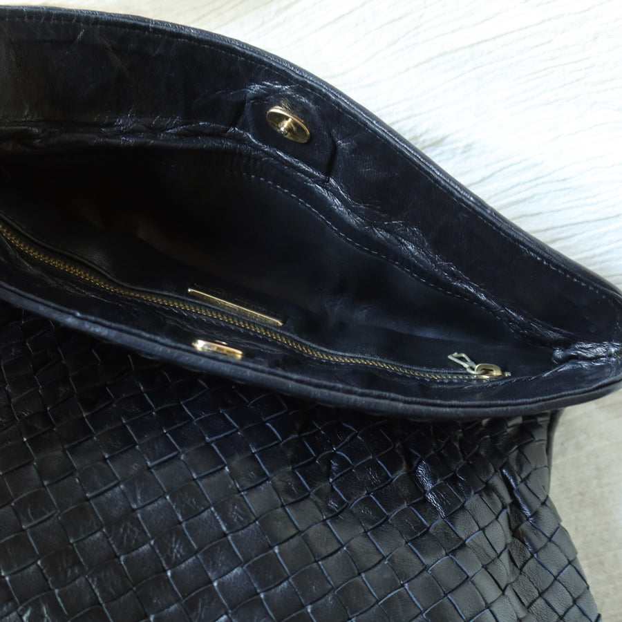 Rare Bottega Veneta Vintage Black Intrecciato Leather Hourglass Party Clutch Bag