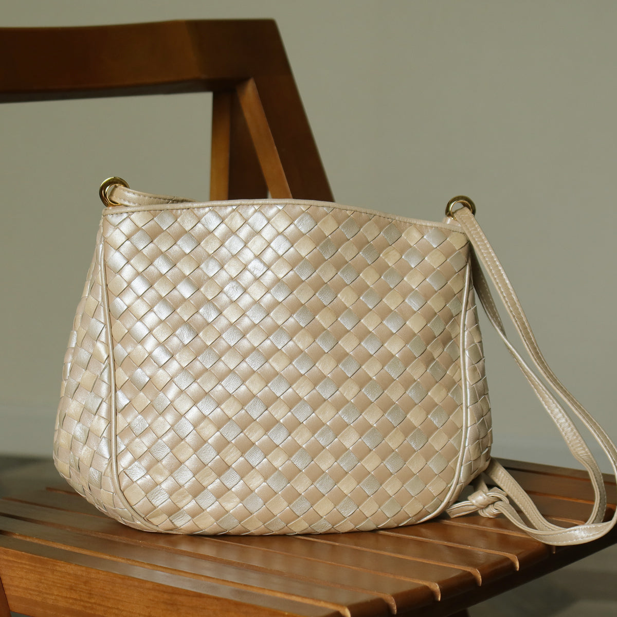 Vintage Bottega Veneta Shimmery Ivory Tri-color Intrecciato 2way Shoulder Bag