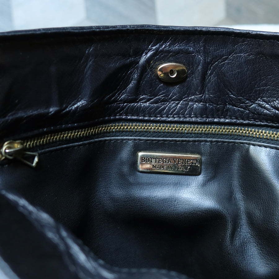Rare Bottega Veneta Vintage Black Intrecciato Leather Hourglass Party Clutch Bag
