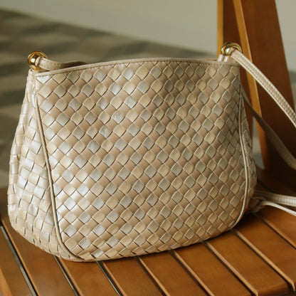 Vintage Bottega Veneta Shimmery Ivory Tri-color Intrecciato 2way Shoulder Bag