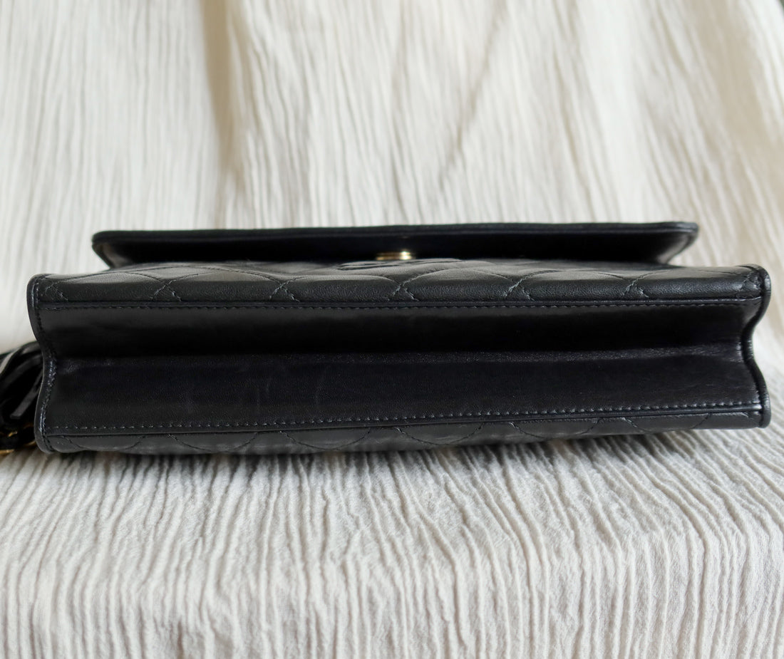Chanel Vintage Black Lambskin Tassel Quilted CC mark Flap Bag