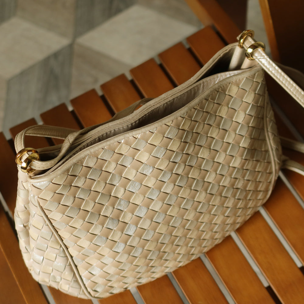 Vintage Bottega Veneta Shimmery Ivory Tri-color Intrecciato 2way Shoulder Bag