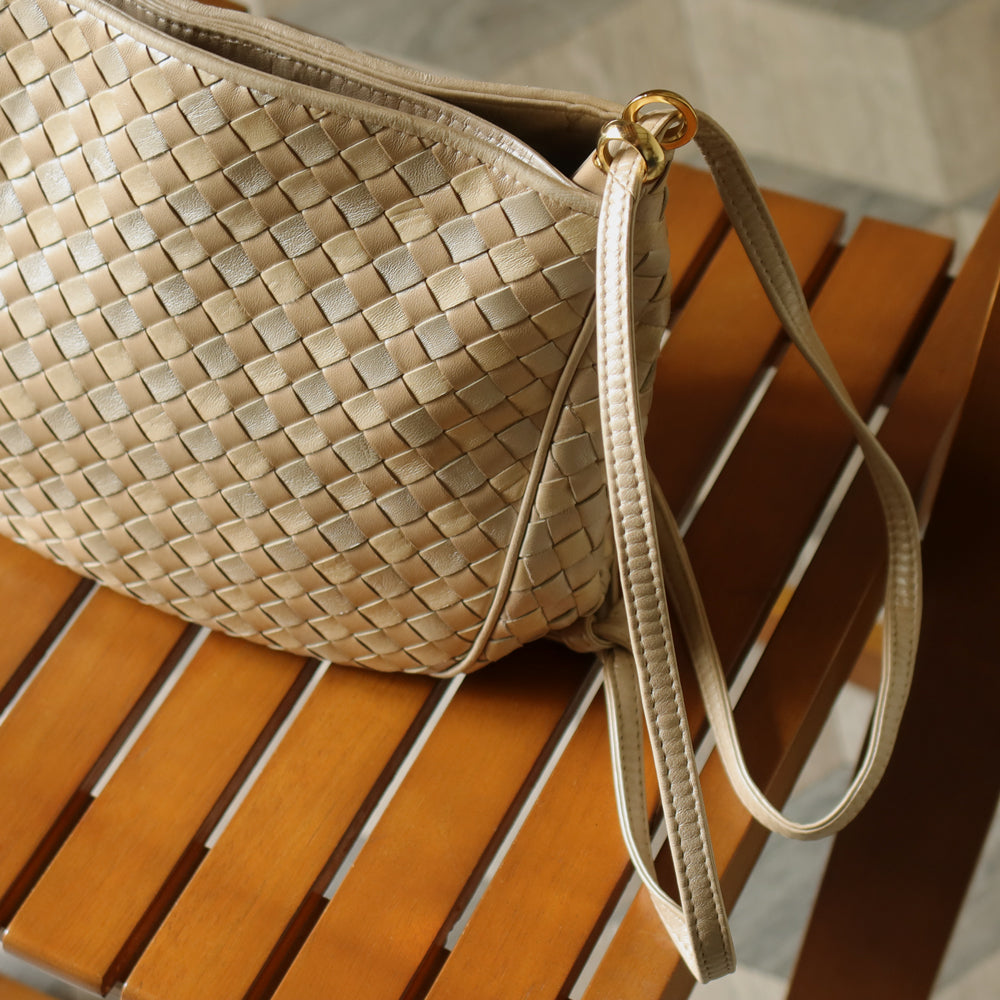 Vintage Bottega Veneta Shimmery Ivory Tri-color Intrecciato 2way Shoulder Bag