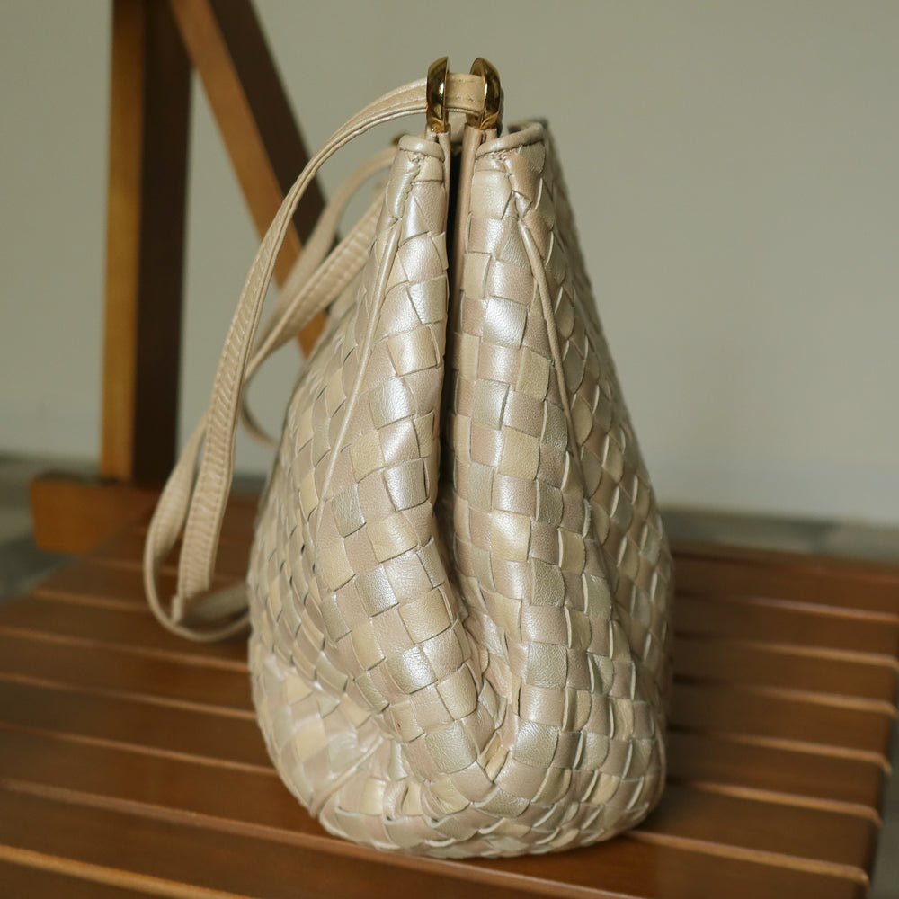 Vintage Bottega Veneta Shimmery Ivory Tri-color Intrecciato 2way Shoulder Bag