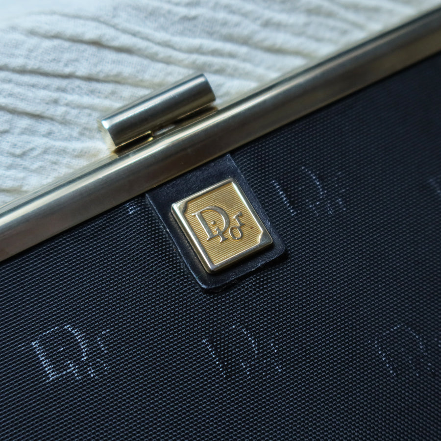 Christian Dior Vintage Black Gold hardware Monogram Kiss lock Clutch Bag