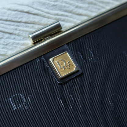 Christian Dior Vintage Black Gold hardware Monogram Kiss lock Clutch Bag