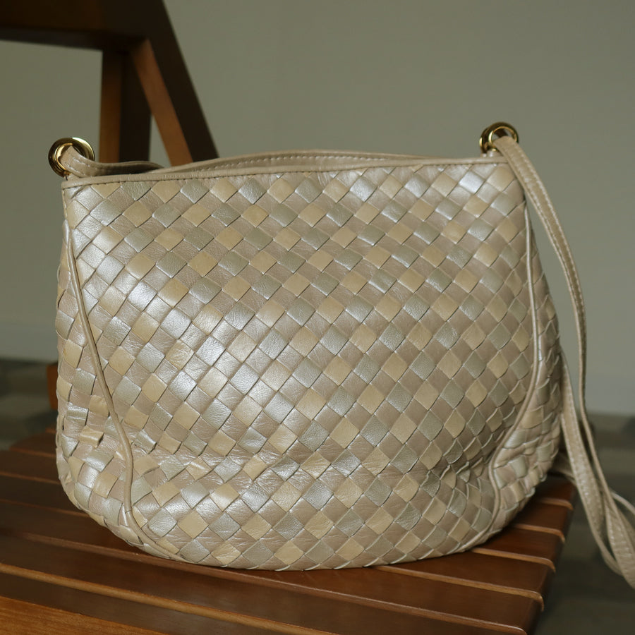 Vintage Bottega Veneta Shimmery Ivory Tri-color Intrecciato 2way Shoulder Bag