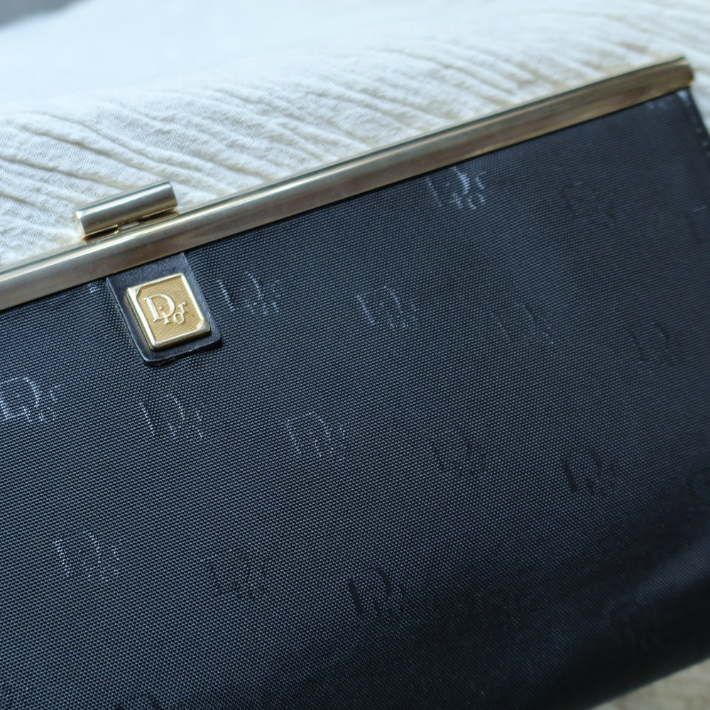 Christian Dior Vintage Black Gold hardware Monogram Kiss lock Clutch Bag