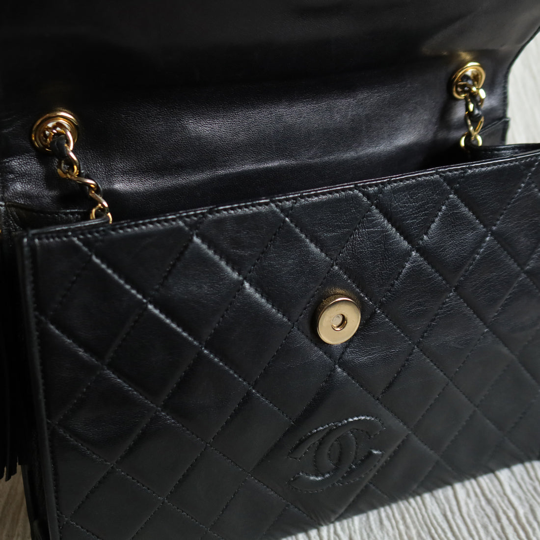 Chanel Vintage Black Lambskin Tassel Quilted CC mark Flap Bag