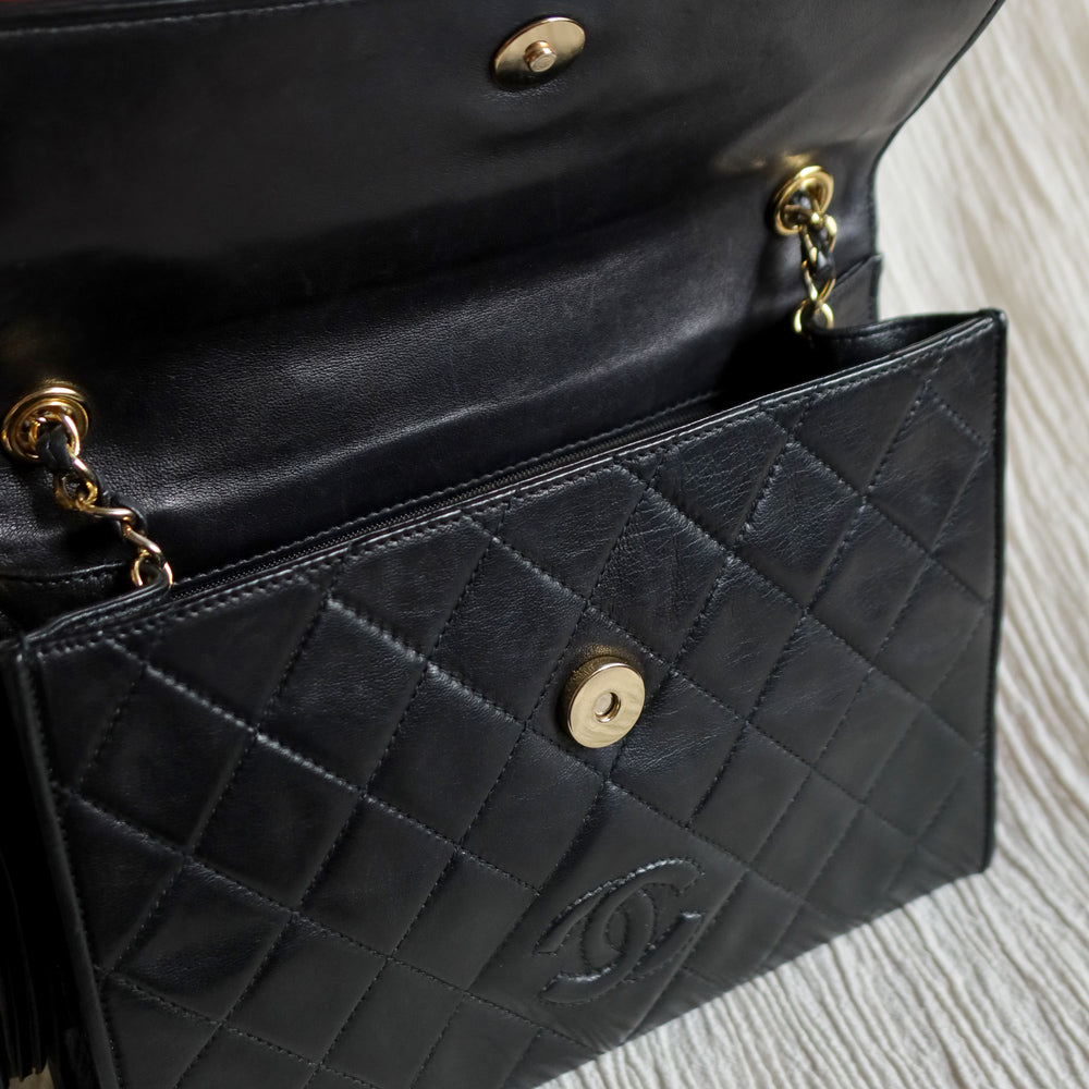Chanel Vintage Black Lambskin Tassel Quilted CC mark Flap Bag