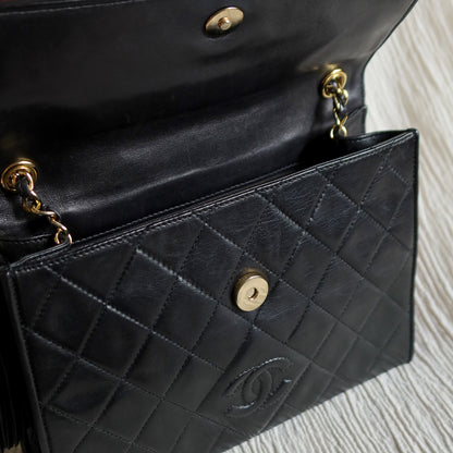 Chanel Vintage Black Lambskin Tassel Quilted CC mark Flap Bag