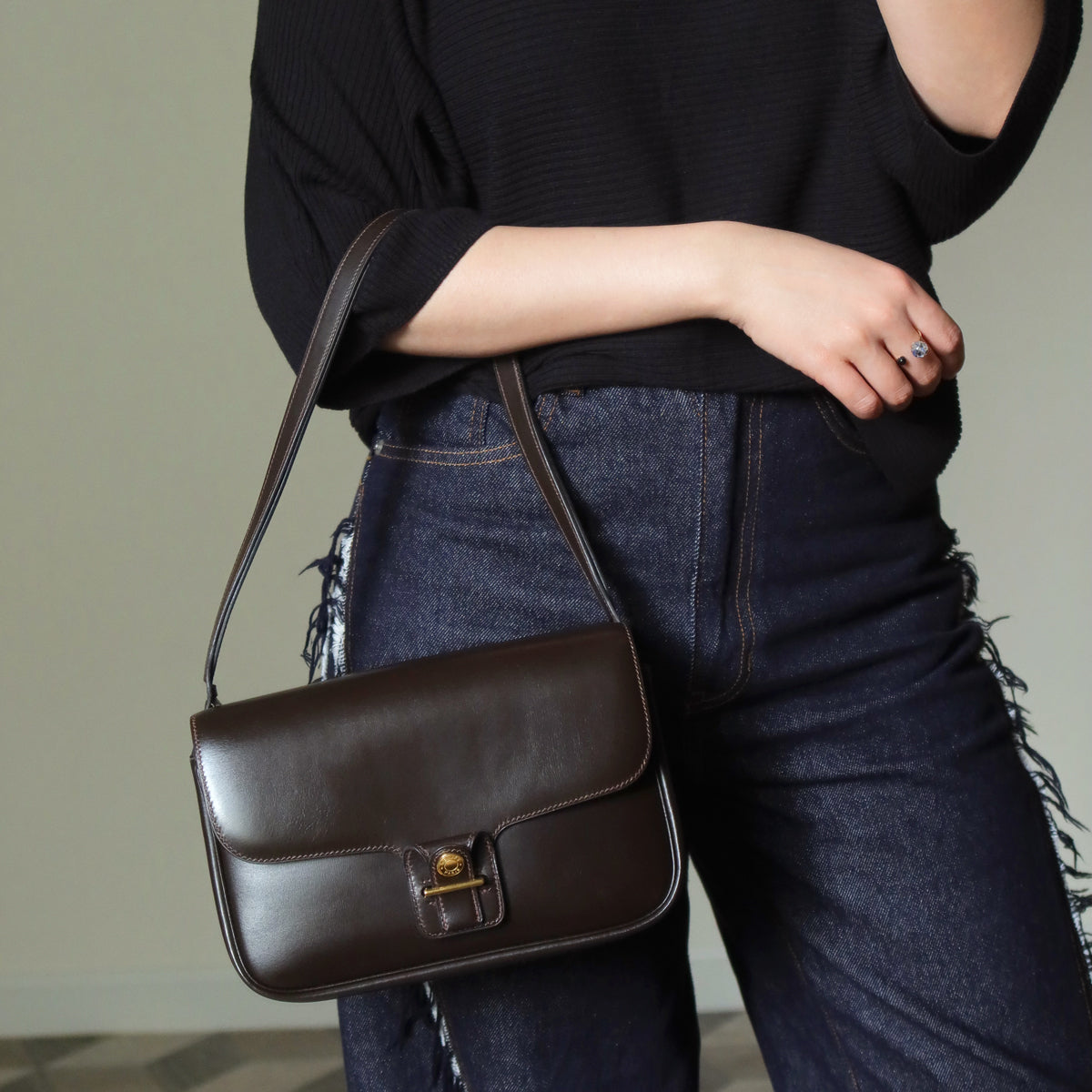 Vintage Hermès 70s Dark Brown Calf Leather Double sided Shoulder Flap Bag