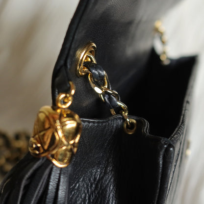 Chanel Vintage Black Lambskin Tassel Quilted CC mark Flap Bag