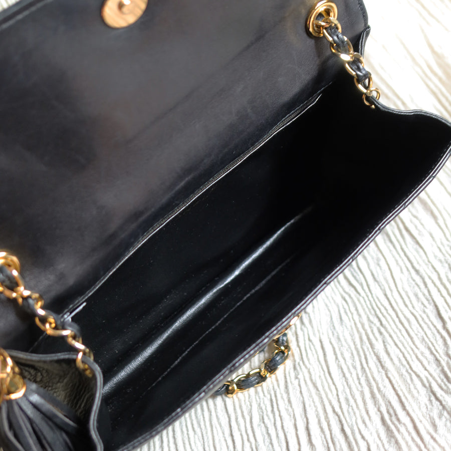 Chanel Vintage Black Lambskin Tassel Quilted CC mark Flap Bag