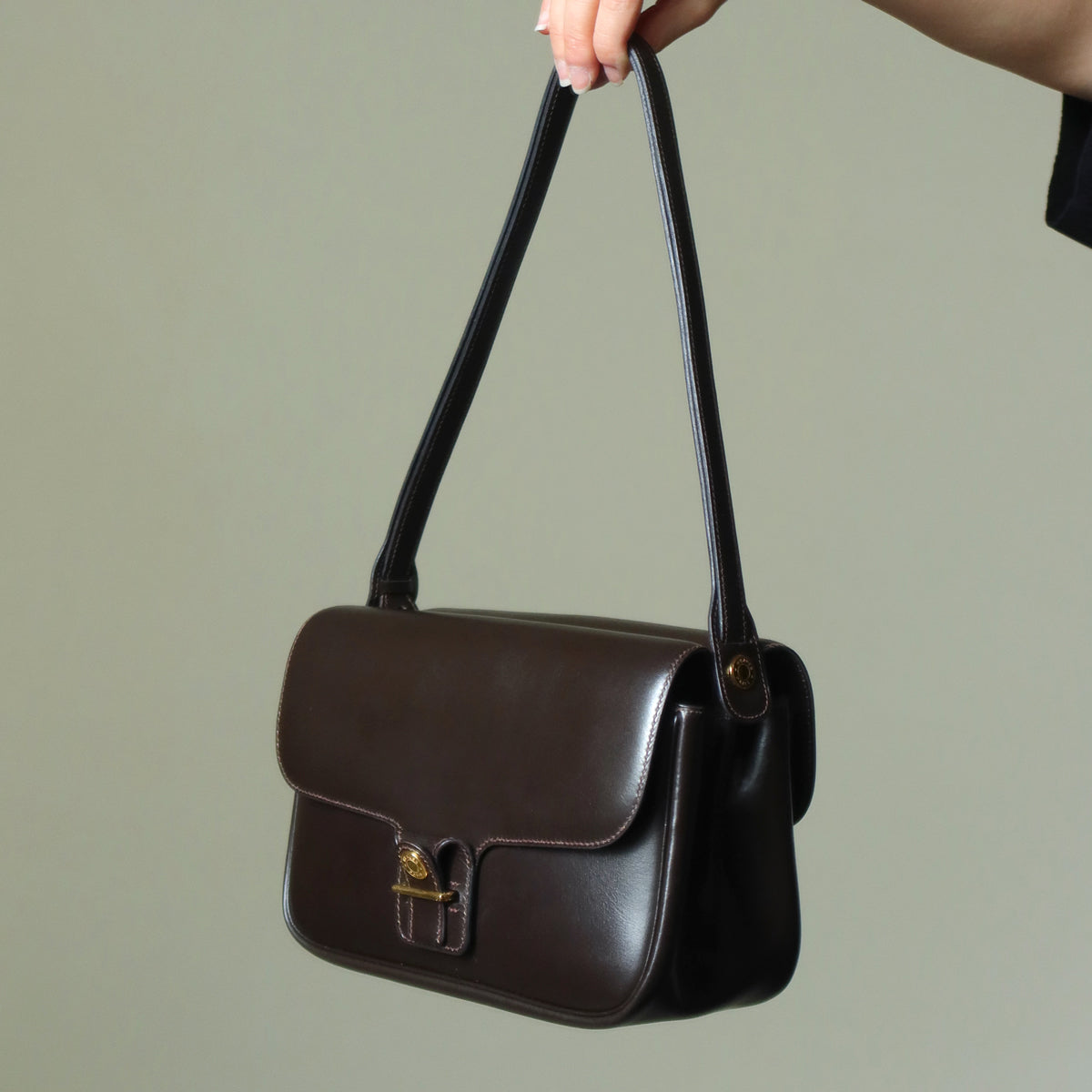 Vintage Hermès 70s Dark Brown Calf Leather Double sided Shoulder Flap Bag