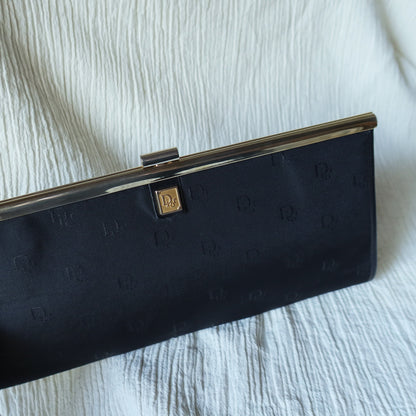 Christian Dior Vintage Black Gold hardware Monogram Kiss lock Clutch Bag