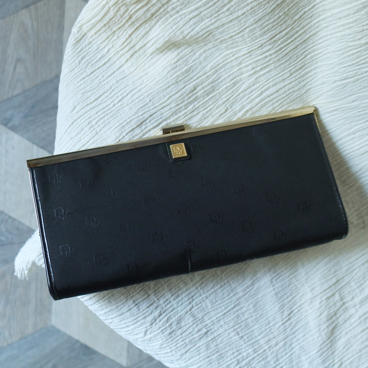 Christian Dior Vintage Black Gold hardware Monogram Kiss lock Clutch Bag