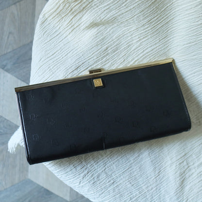 Christian Dior Vintage Black Gold hardware Monogram Kiss lock Clutch Bag