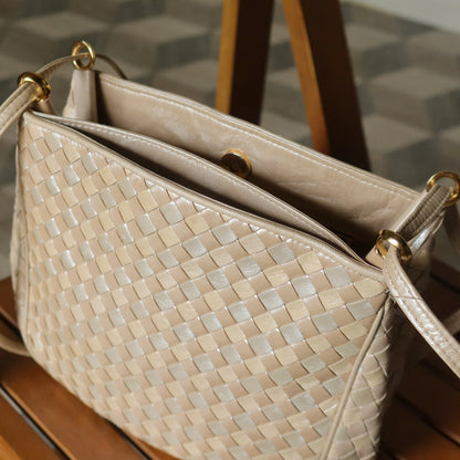 Vintage Bottega Veneta Shimmery Ivory Tri-color Intrecciato 2way Shoulder Bag