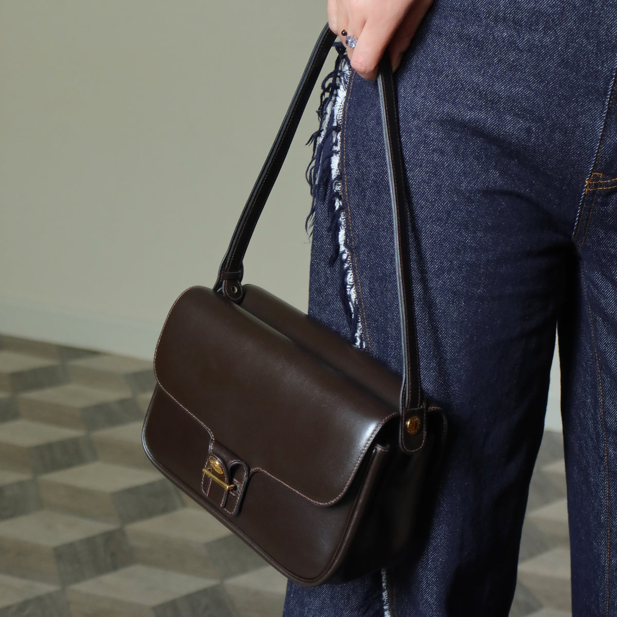 Vintage Hermès 70s Dark Brown Calf Leather Double sided Shoulder Flap Bag
