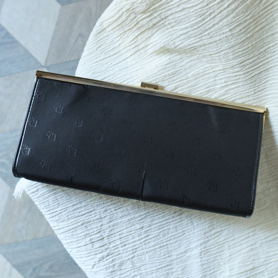Christian Dior Vintage Black Gold hardware Monogram Kiss lock Clutch Bag
