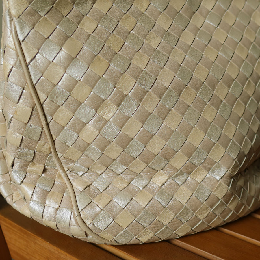 Vintage Bottega Veneta Shimmery Ivory Tri-color Intrecciato 2way Shoulder Bag